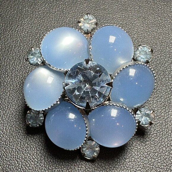 VTG Judy Lee Earrings Light Blue Moonstone Rhinestones Floral Design Clip-On - Picture 4 of 9